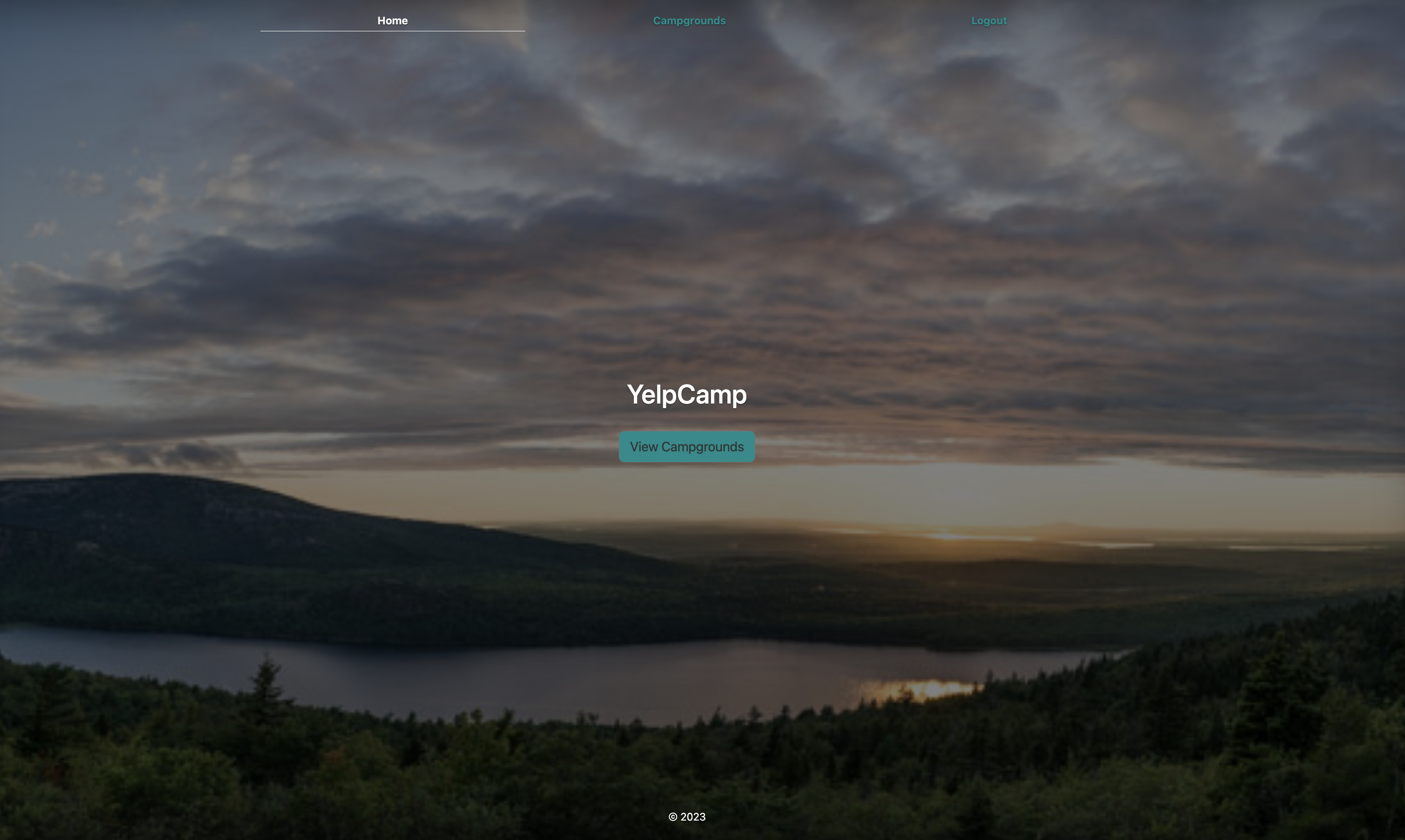 Screen shot of honme page sunset view for YelpCamp application