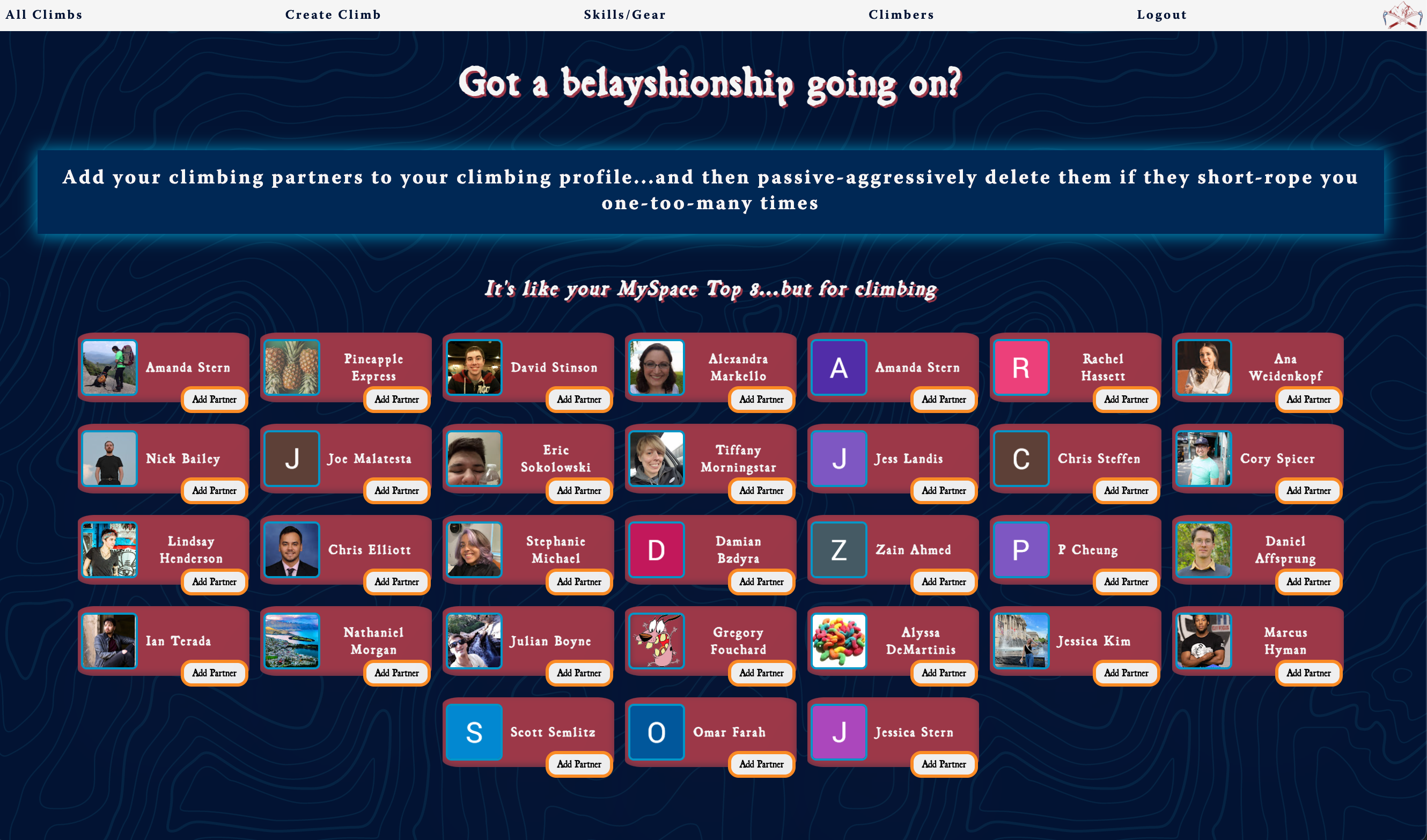Screen shot of Rock and Ice, featuring climbing partners on a user profile