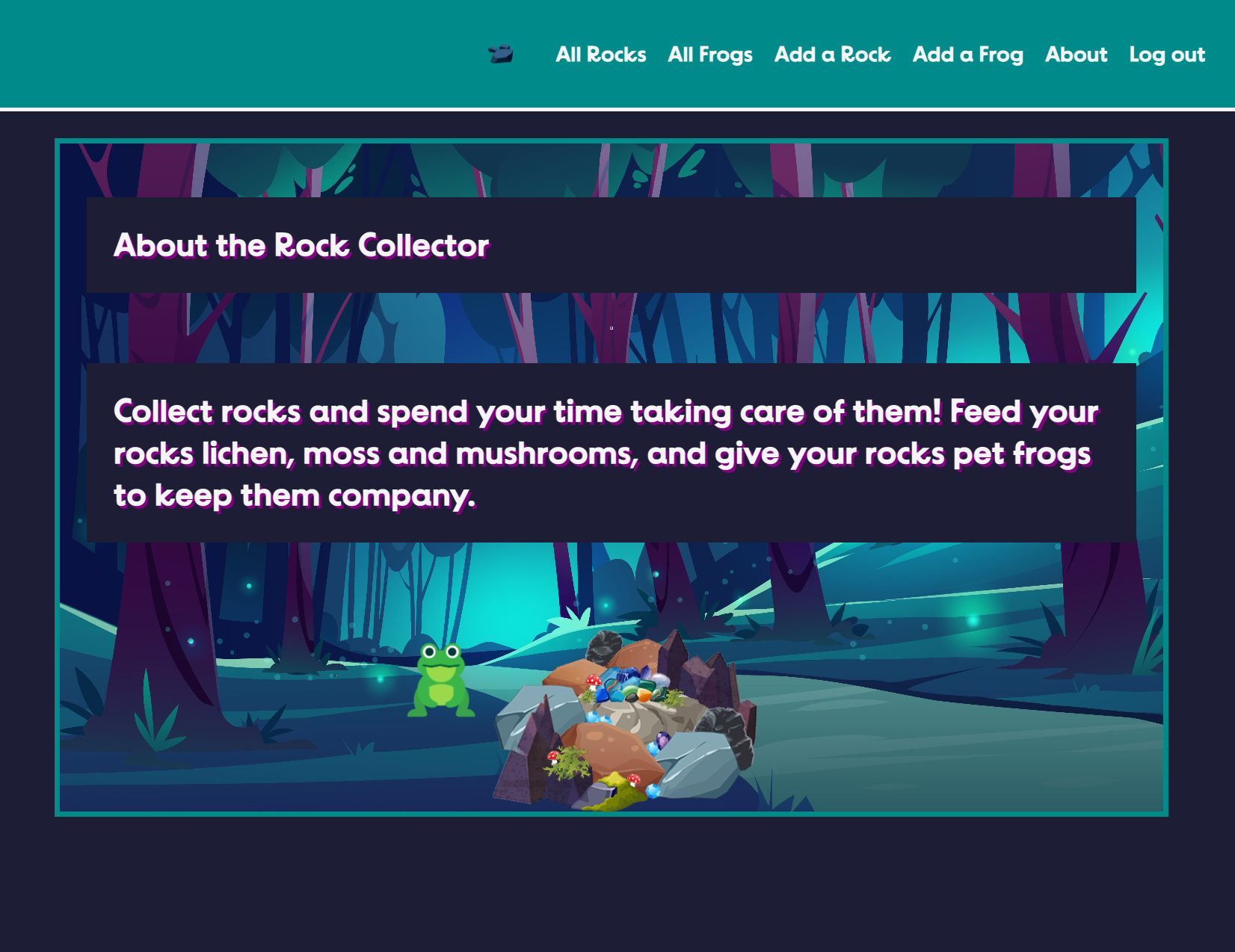 Screen shot of Rock Collector, featuring a pile of rocks and a frog in the dark woods