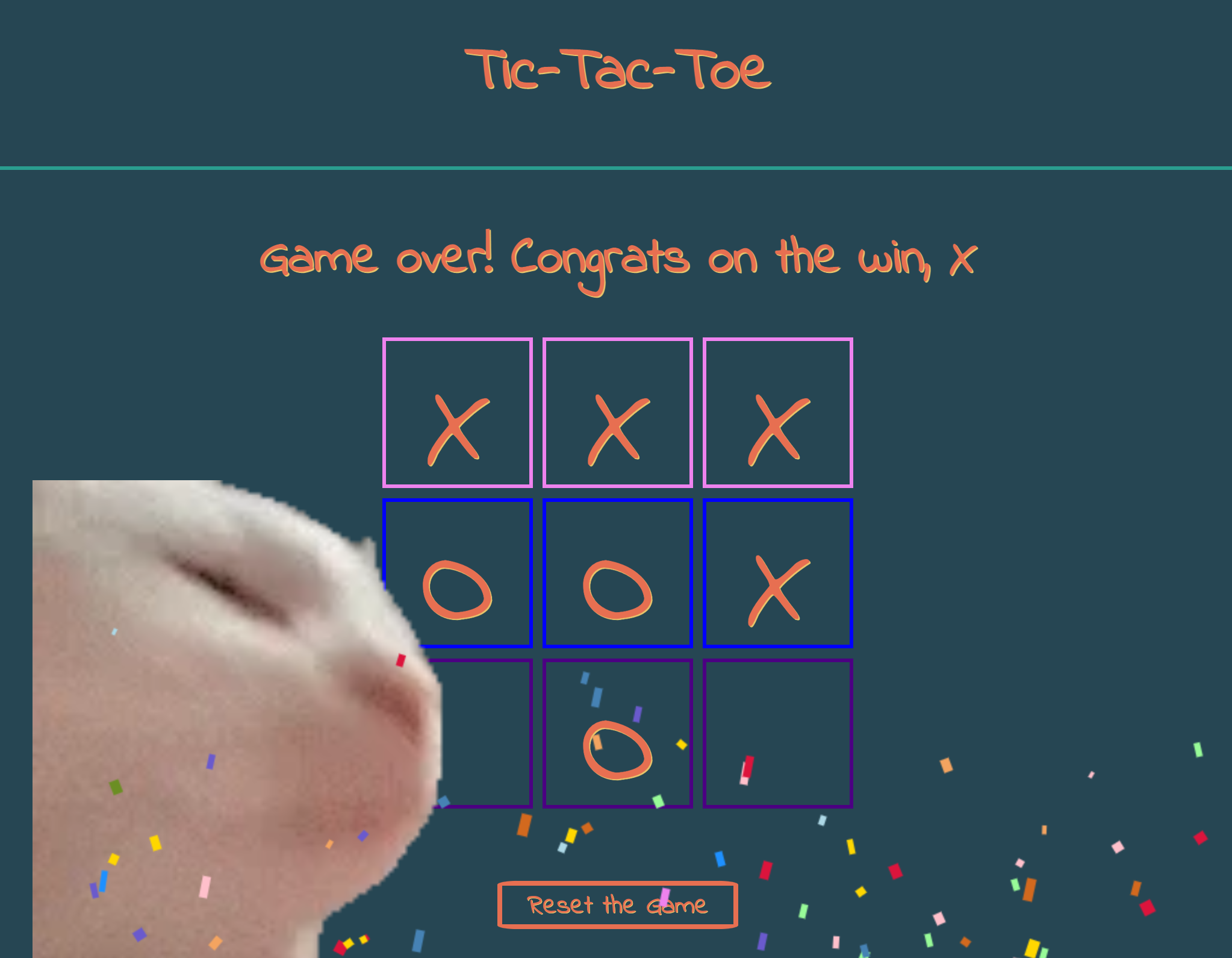 Screen shot of Tic Tac Cat Jam, featuring confetti and colorful board